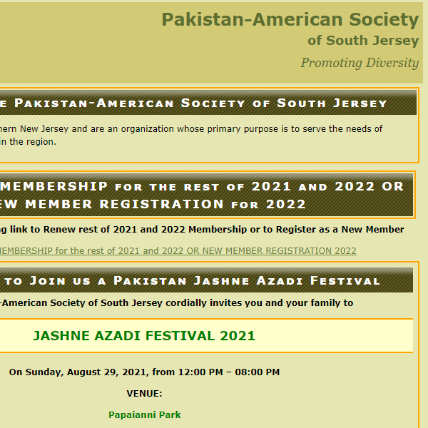 Pakistani Organizations in New Jersey - Pakistan-American Society of South Jersey
